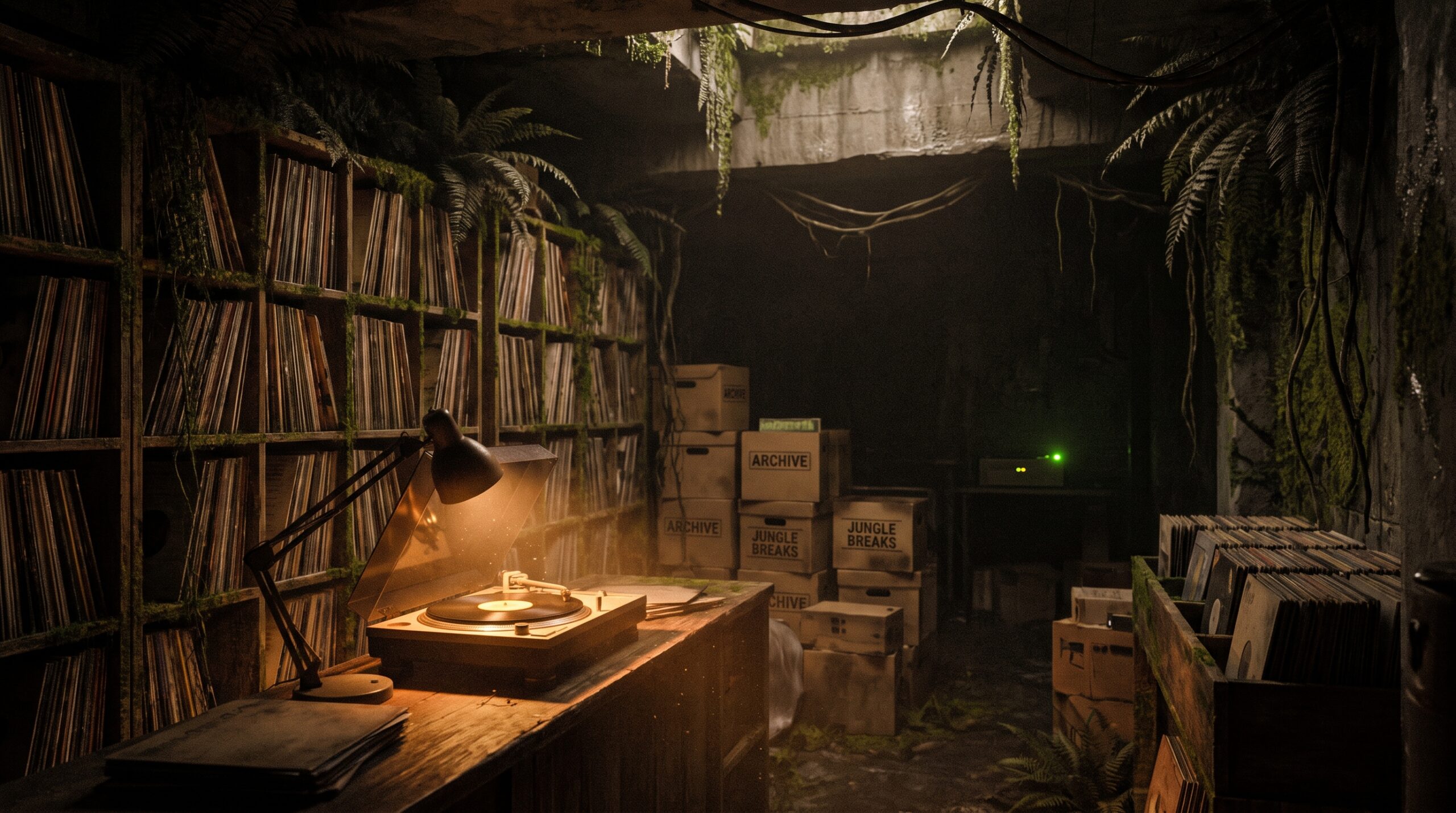 Dark atmospheric photograph of a vinyl record archive, shelves of 12-inch records, single turntable in foreground